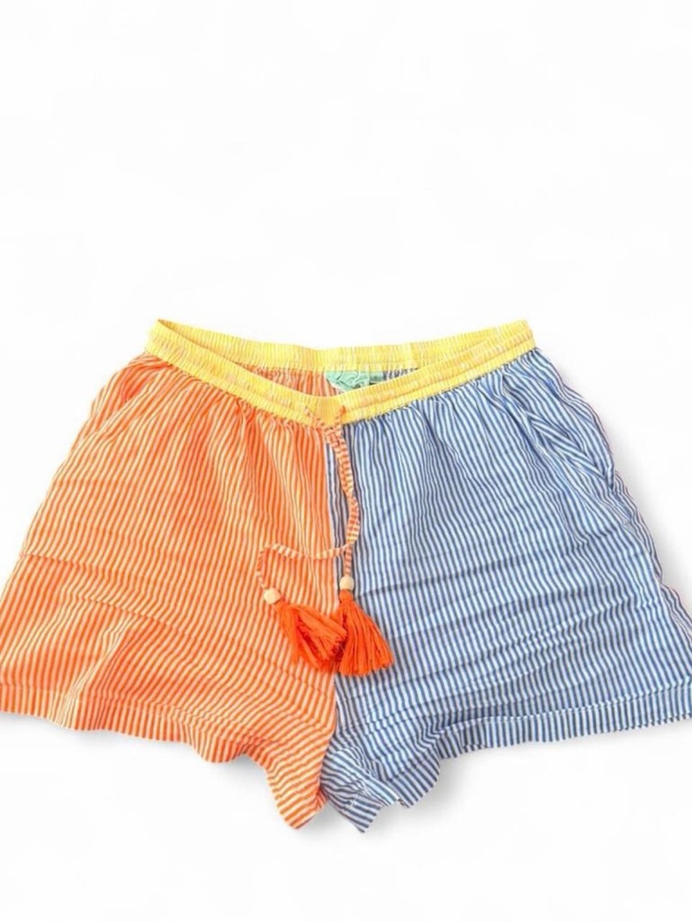 Striped Split-Color Women’s Drawstring Shorts - Yellow Waistband